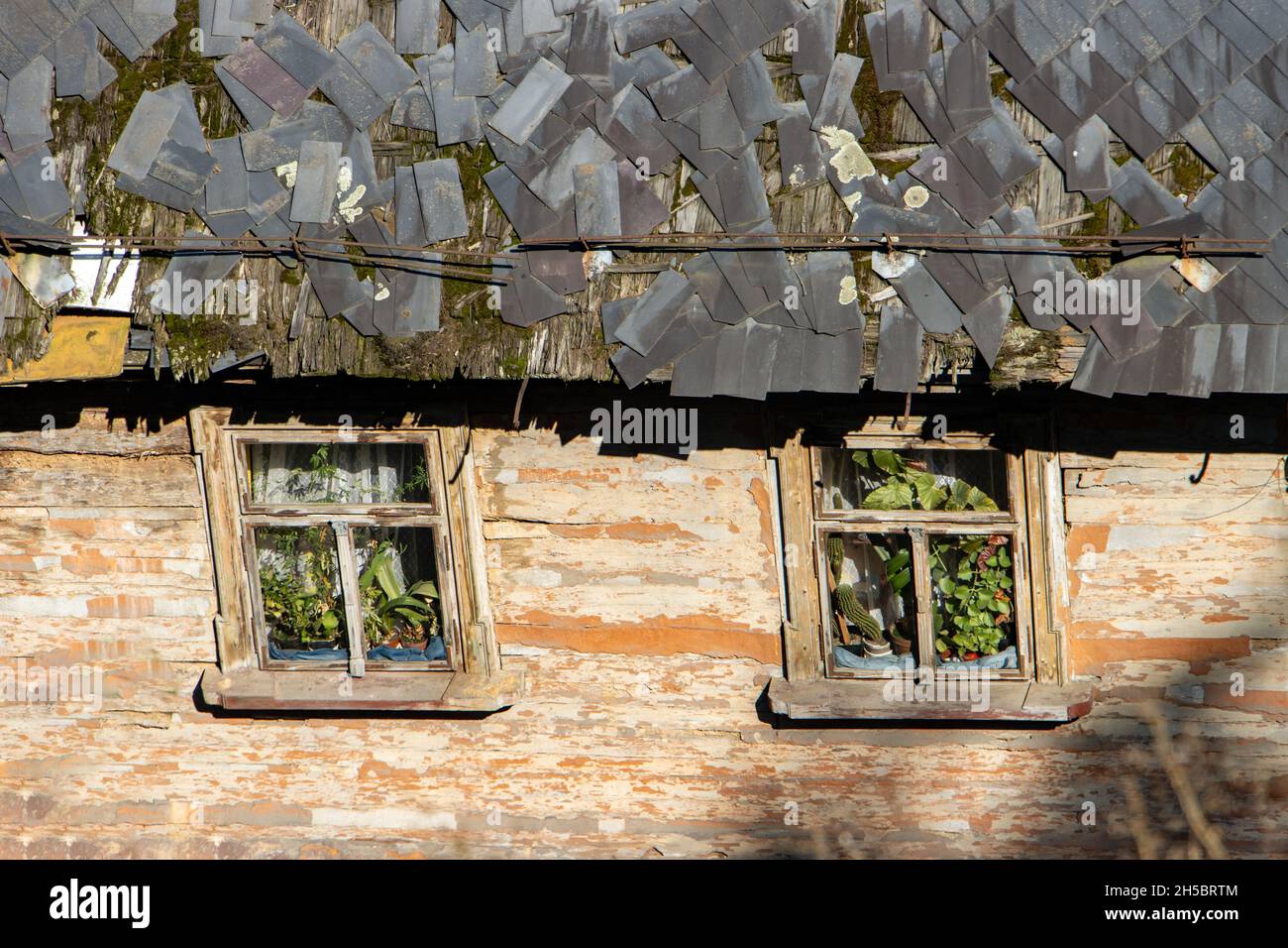 Vecchia casa con un tetto danneggiato in campagna Foto Stock