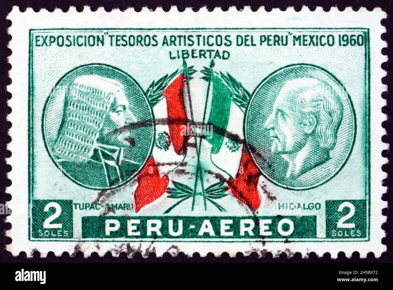 PERÙ - CIRCA 1962: Un francobollo stampato in Perù mostra Tupac Amaru (Jose G. Condorcanqui) e Miguel Hidalgo, mostra di tesori d'arte peruviana in Messico Foto Stock