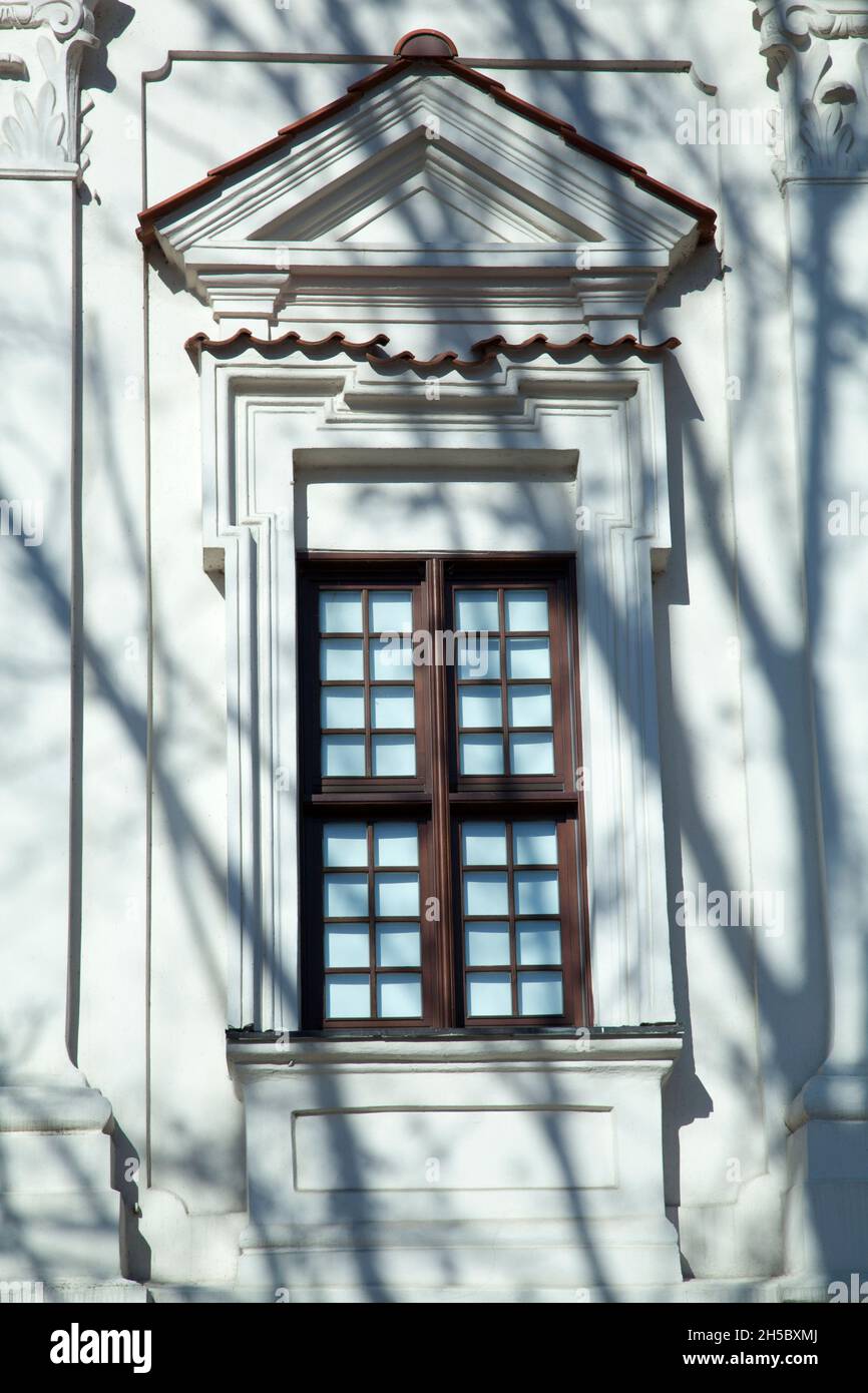 Ombre di un albero su una finestra di un municipio a Kaunas (Lituania). Foto Stock