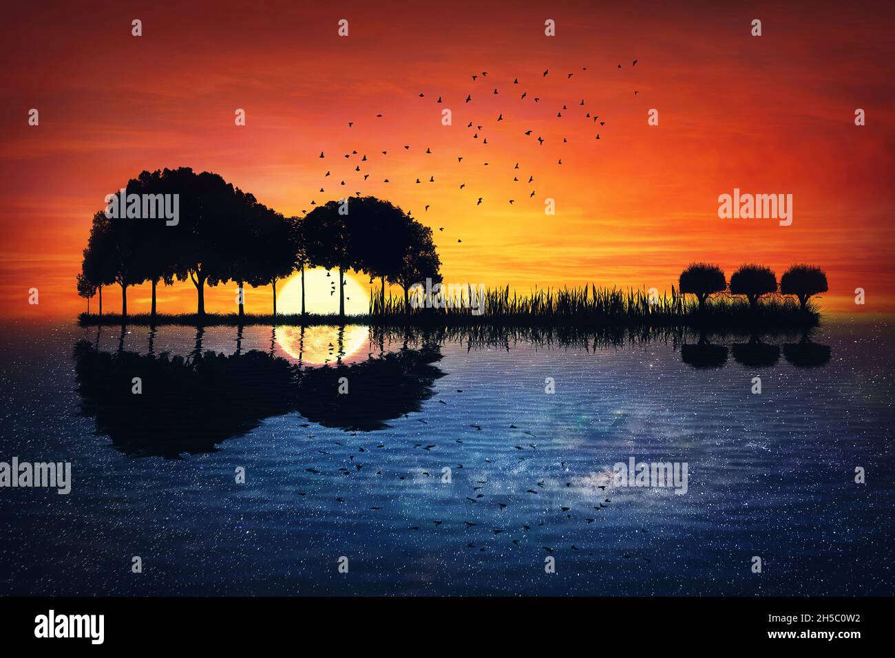 Guitar Island Surreal Seascape, giorno che si riflette nella notte, tramonto su sfondo di cielo stellato. Scena magica con alberi su un'isola crescere in forma di Foto Stock