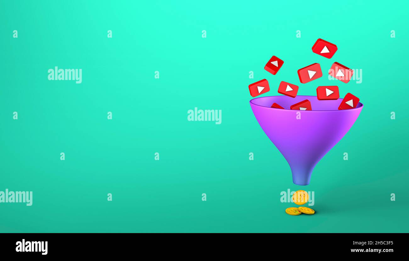 Imbuto delle vendite. Le viste video fanno soldi. Imbuto YouTube. Foto Stock