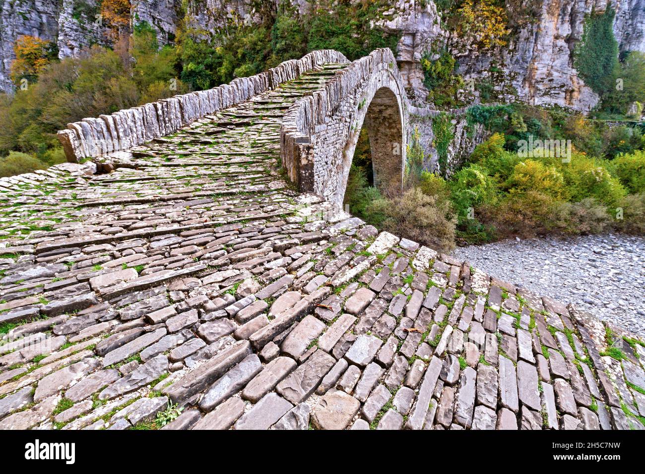 Ponte in pietra di Kokkoris, uno dei famosi e bei ponti in pietra tradizionali nella regione di Zagori, Grecia settentrionale, Europa. Foto Stock