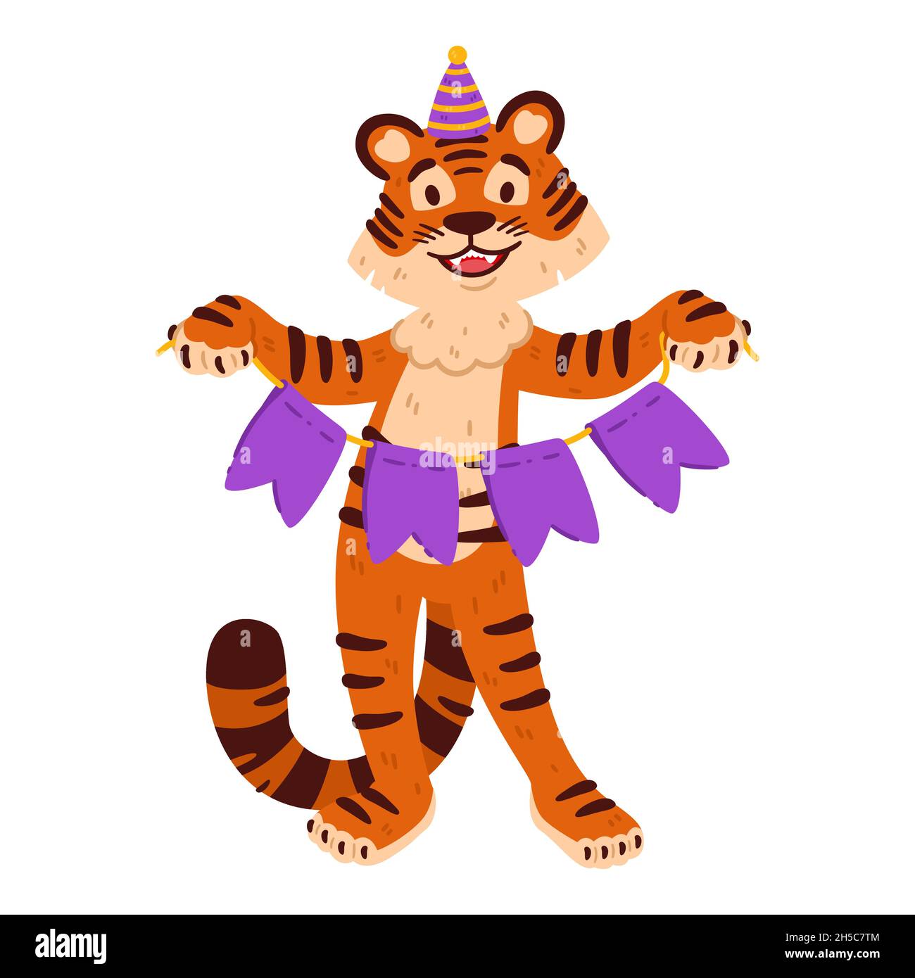 Tigre sorridente a tutta lunghezza con cappello festivo e bandiere garland. Zodiaco cinese animale. Simbolo del nuovo anno 2022, 2034. Illustrazione vettoriale isolata o Illustrazione Vettoriale