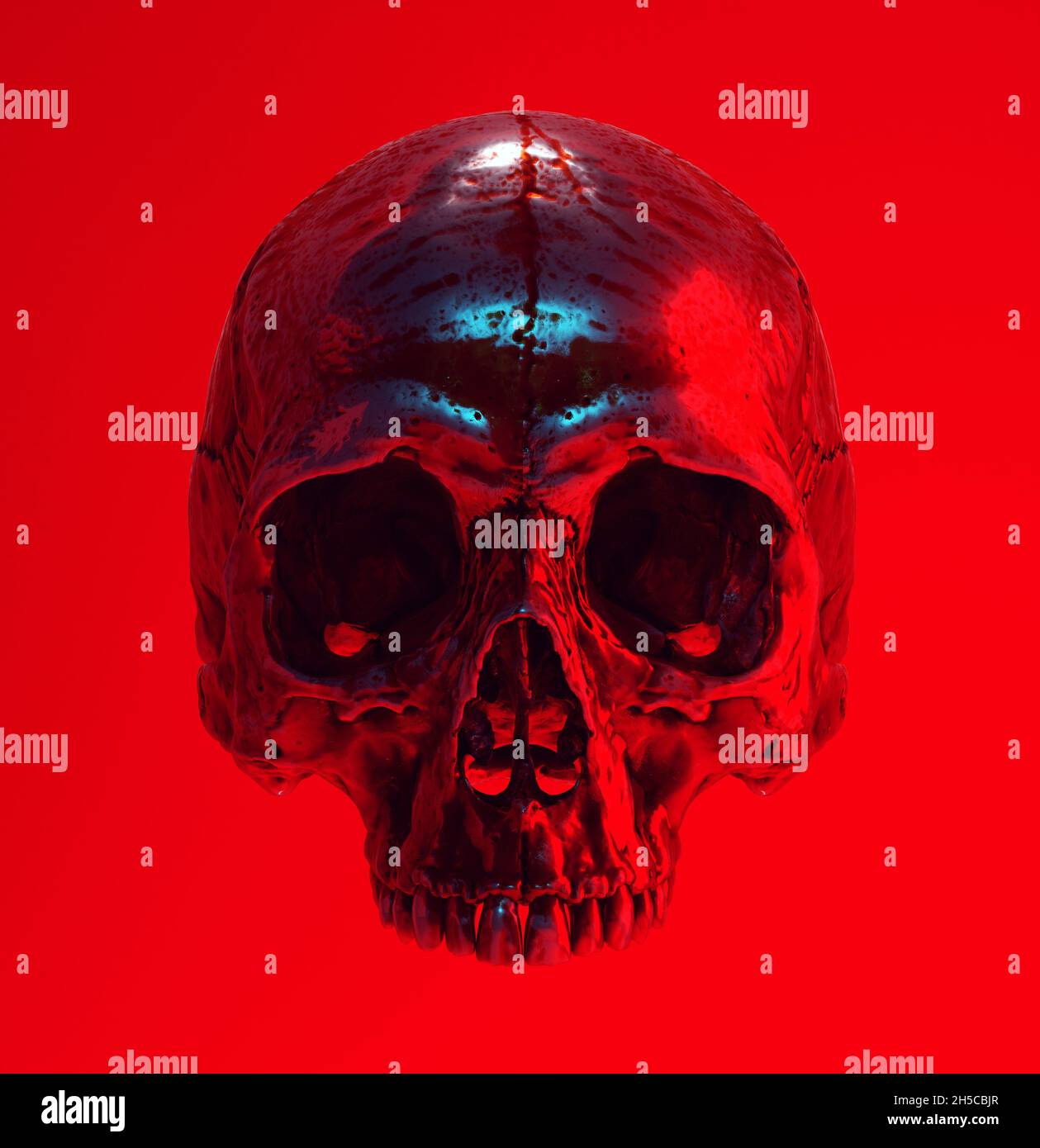 Silver Blood Red Skull Cyber Punk Halloween Horror Head Blue rappresentazione grafica 3d Foto Stock