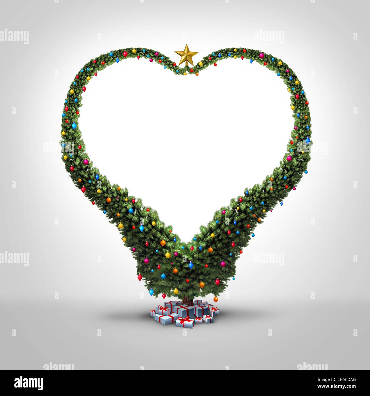 Natale l'amore di festa come un albero divertente di Natale modellato come un cuore come un sempreverde decorato swirly in un disegno festivo. Foto Stock