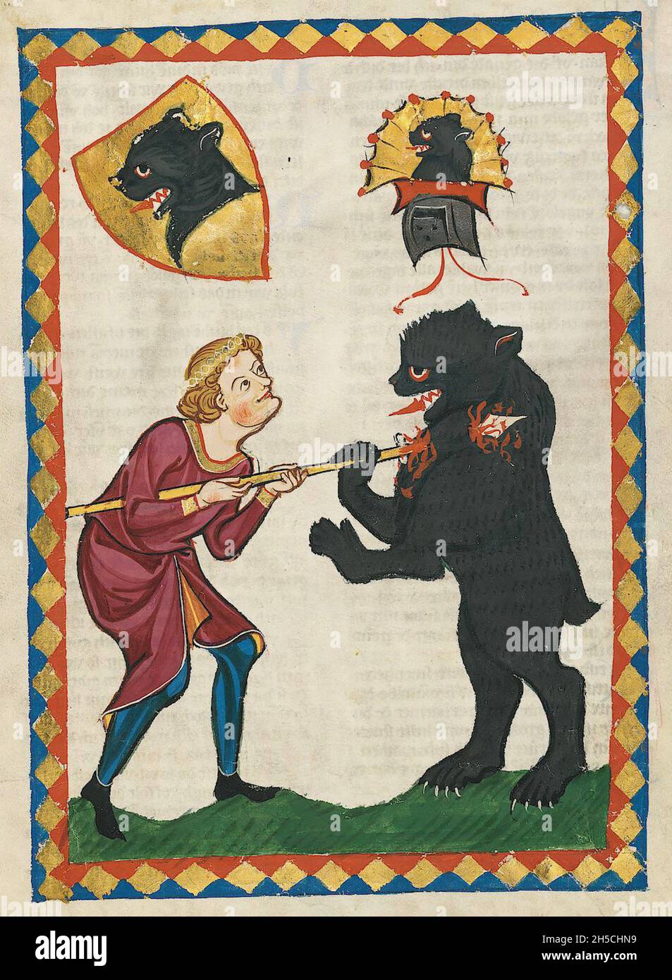 CODEX MANESSE un manoscritto tedesco dell'inizio alla metà del XIV secolo contenente canzoni e raffiguranti la vita medievale.Una caccia all'orso. Foto Stock