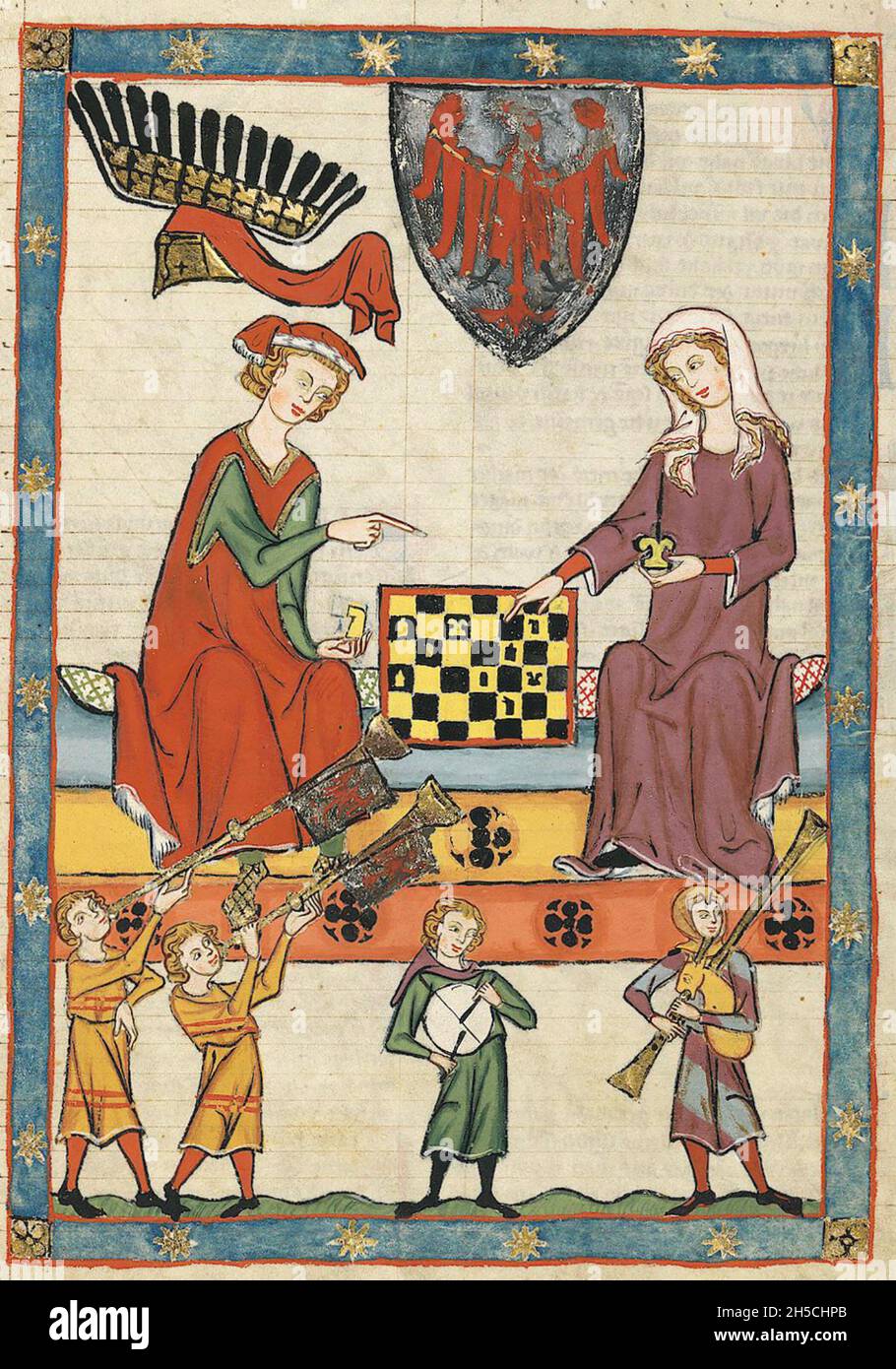 CODEX MANESSE un manoscritto tedesco del XIV secolo, che contiene canzoni e che illustra vita medievale.Un gioco di scacchi. Foto Stock