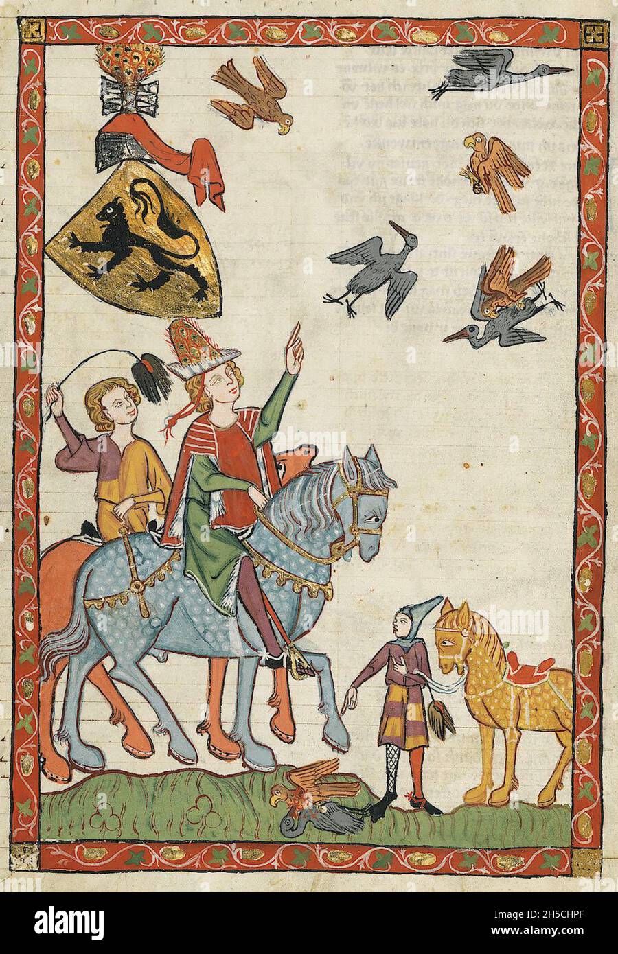 CODEX MANESSE un manoscritto tedesco dell'inizio alla metà del XIV secolo contenente canzoni e raffiguranti la vita medievale. Falconeria. Foto Stock