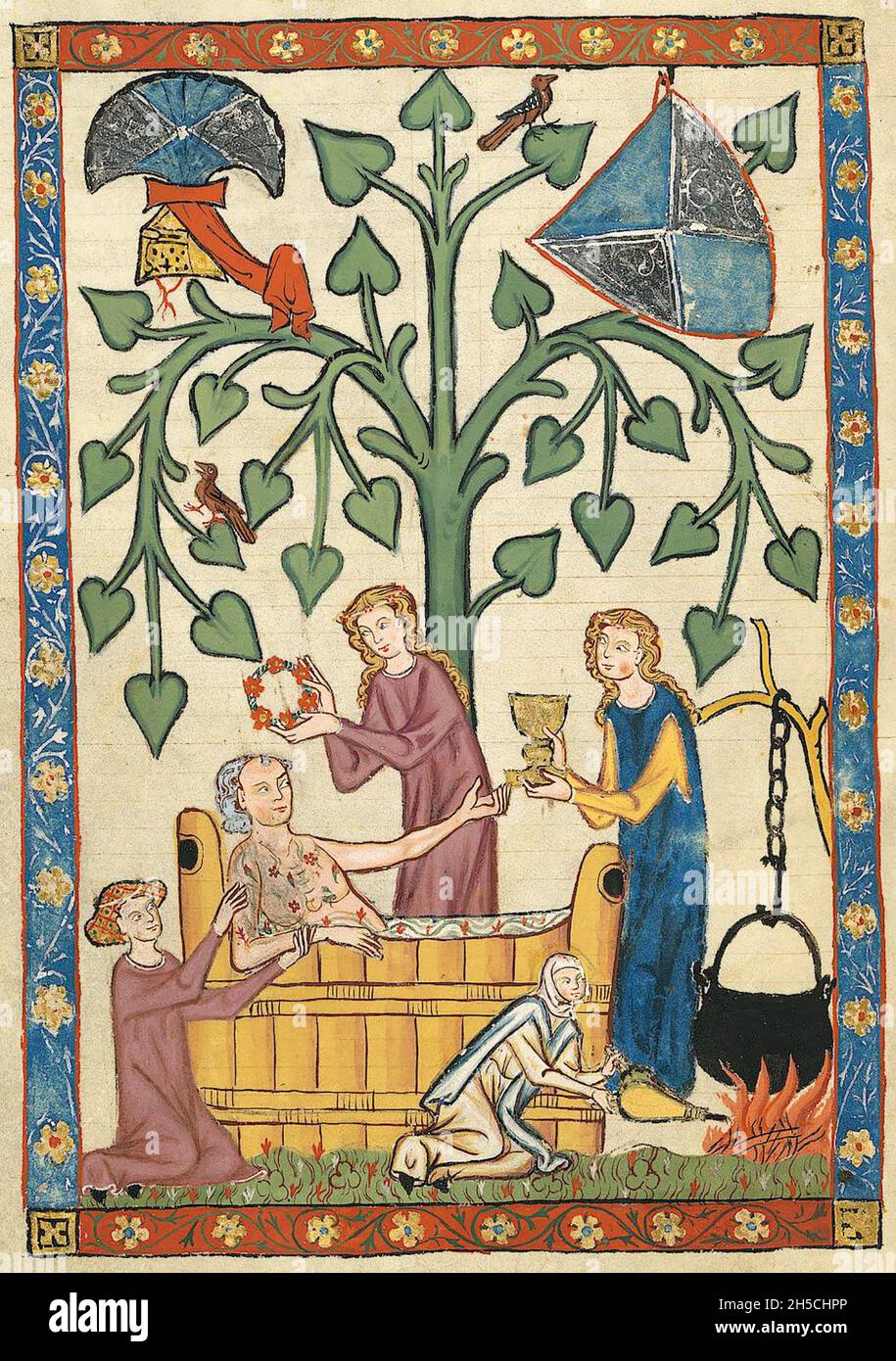 CODEX MANESSE un manoscritto tedesco dell'inizio alla metà del XIV secolo che contiene canzoni e che illustra vita medievale.Un bagno caldo. Foto Stock