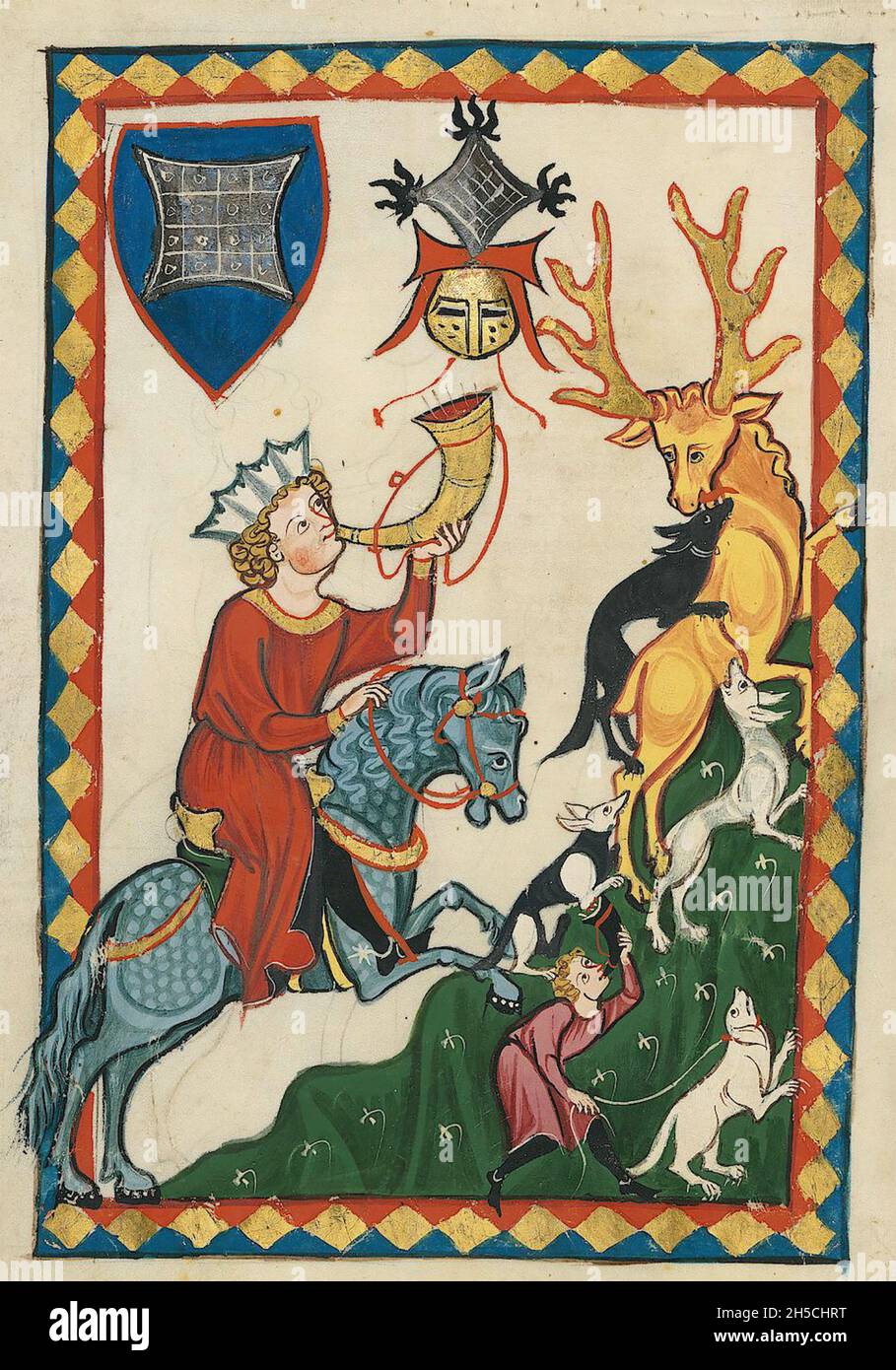 CODEX MANESSE un manoscritto tedesco dell'inizio alla metà del XIV secolo che contiene canzoni e che illustra vita medievale.Un re va a caccia di cervi. Foto Stock