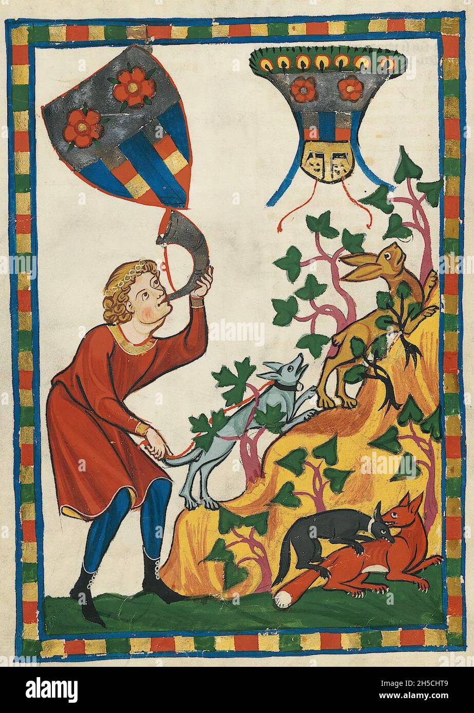 CODEX MANESSE un manoscritto tedesco dell'inizio alla metà del XIV secolo contenente canzoni e raffiguranti la vita medievale. Caccia lepri., Foto Stock