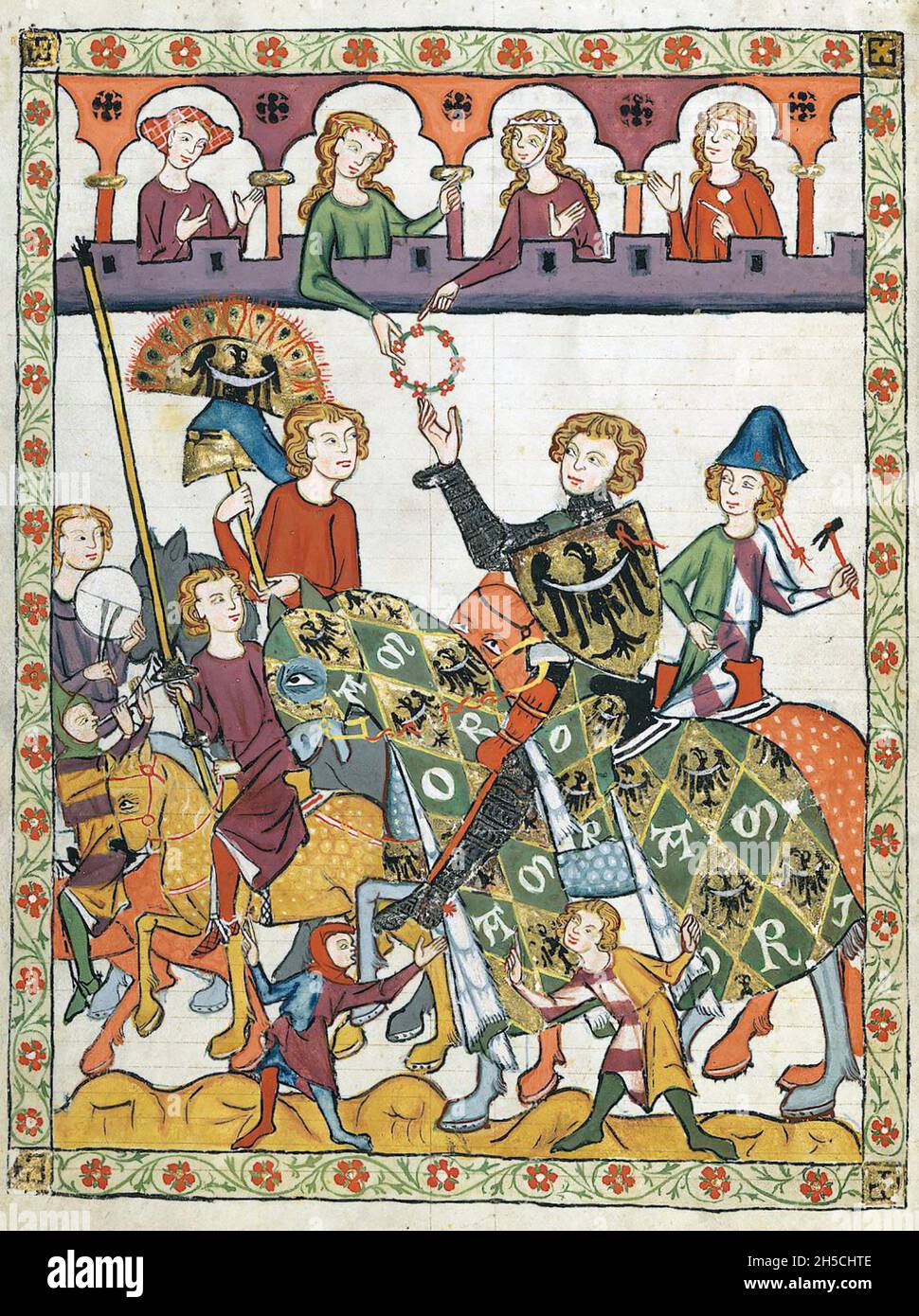 CODEX MANESSE un manoscritto tedesco del XIV secolo, che contiene canzoni e illustra la vita medievale.A cavaliere riceve un favore da una delle Signore di corte in un torneo. Foto Stock