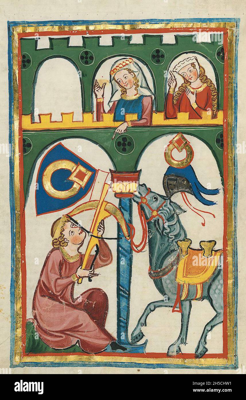 CODEX MANESSE un manoscritto tedesco dell'inizio alla metà del XIV secolo che contiene canzoni e che illustra vita medievale.A amante mittenti un messaggio allegato ad una freccia. Foto Stock