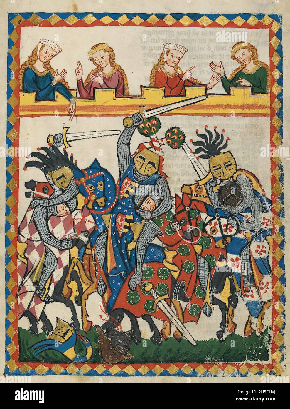 CODEX MANESSE un manoscritto tedesco dell'inizio alla metà del XIV secolo contenente canzoni e raffiguranti la vita medievale. Le Signore di corte guardano una battaglia simulata. Foto Stock