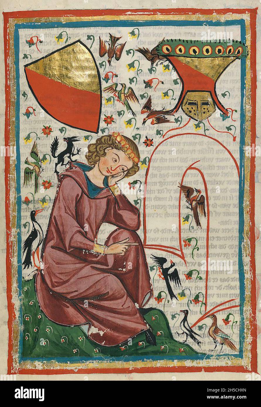 CODEX MANESSE un manoscritto tedesco dell'inizio alla metà del XIV secolo contenente canzoni e raffiguranti la vita medievale. Contemplare la natura. Foto Stock