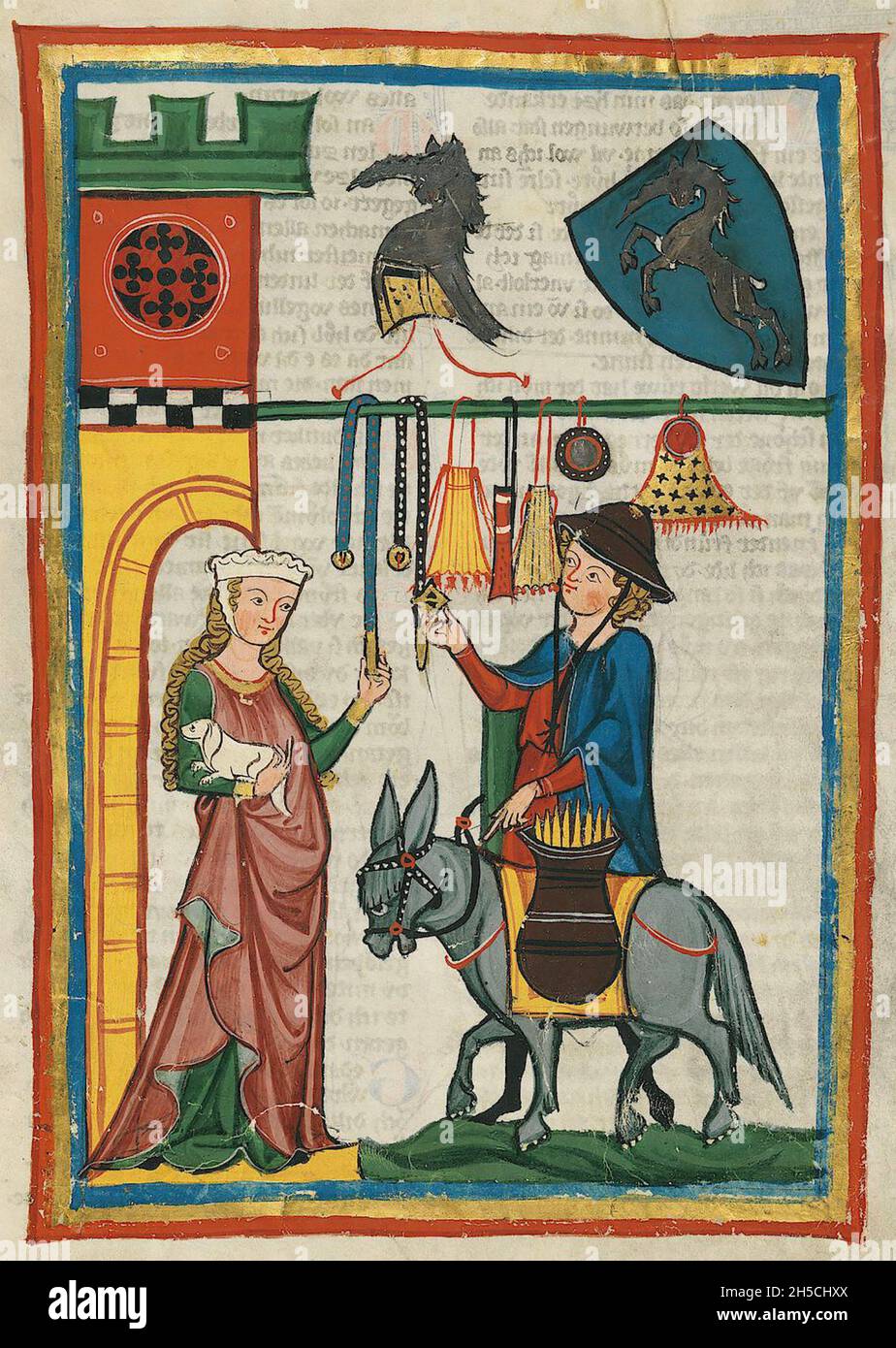 CODEX MANESSE un manoscritto tedesco dell'inizio alla metà del XIV secolo contenente canzoni e raffiguranti la vita medievale. Un venditore in viaggio mostra i suoi abiti. Foto Stock