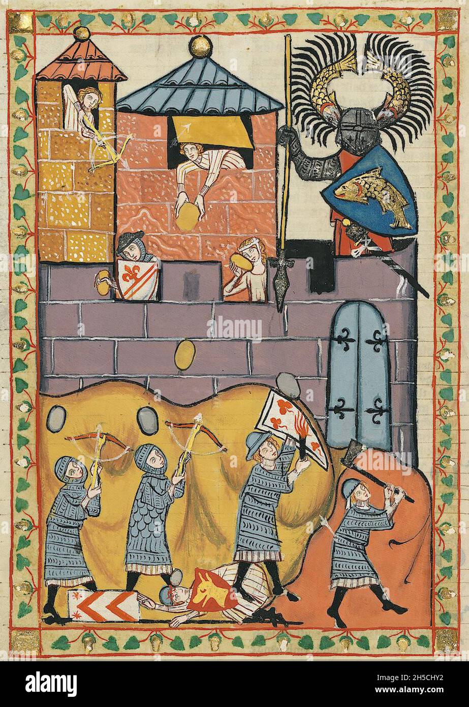 CODEX MANESSE un manoscritto tedesco del XIV secolo, che contiene canzoni e che illustra la vita medievale Un castello sotto attacco. Foto Stock