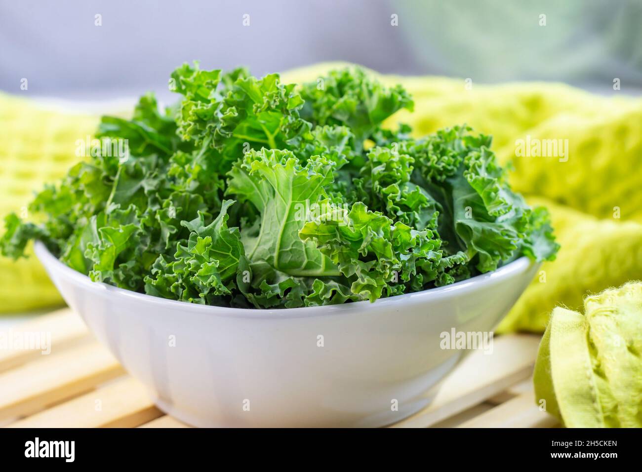 Cavolo fresco verde riccio o insalata di kale foglie tagliate nel recipiente su sfondo chiaro sul tavolo in cucina. Foto Stock