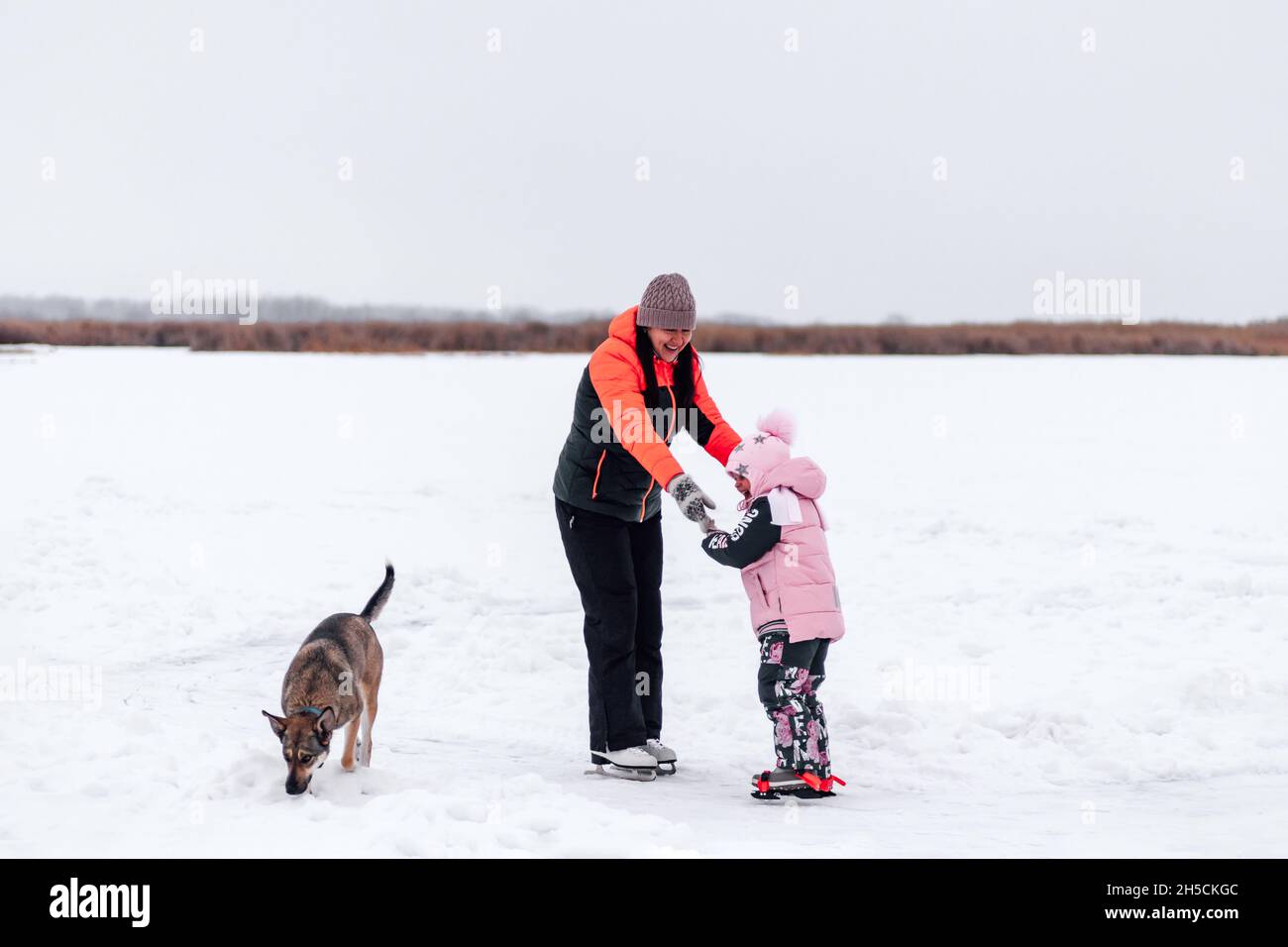 Mamma e figlia in inverno a piedi. Giovane donna e bambina camminano lungo il fiume ghiacciato, giochi di cani accanto a loro, paesaggio invernale Foto Stock