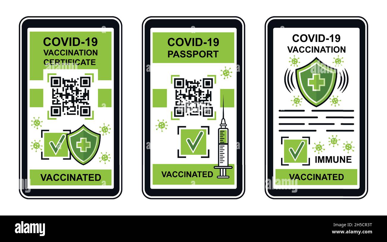 Certificato di vaccinazione Covid-19, passaporto vaccino, icona pass verde. Certificazione vaccinata, resistenza immunitaria al coronavirus, inoculazione. Vettore Illustrazione Vettoriale