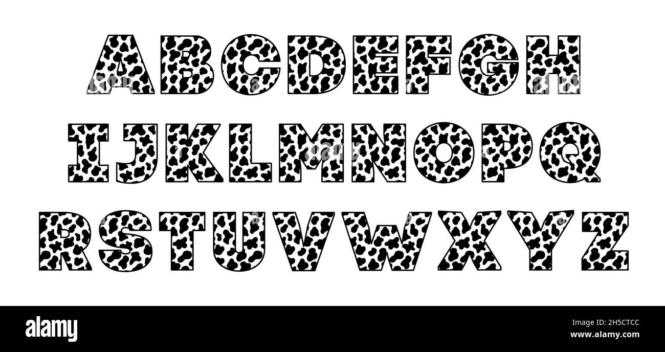 Carattere animale per poster. Macchie di mucca bianche e nere. Bovini di Holstein. Alfabeto retrò. Caratteri tipografici vintage, modificabili e stratificati. Vettoriale alla moda Illustrazione Vettoriale