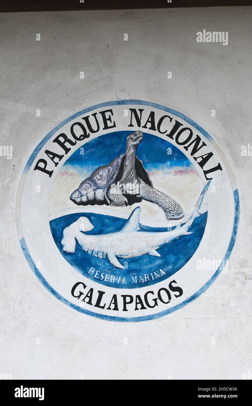 Emblema dei Parchi nazionali Galapagos, Ecuador, Isole Galapagos, Isla Santa Cruz, Puerto Ayora Foto Stock