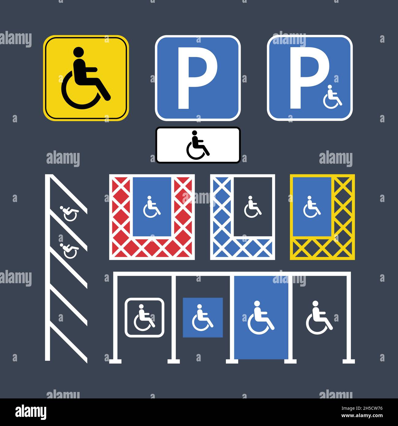 Segnaletica stradale vettore disabilitata segnaletica e simboli di parcheggio per disabili, icona della sedia a rotelle, set di contrassegni bianchi, blu e gialli Illustrazione Vettoriale