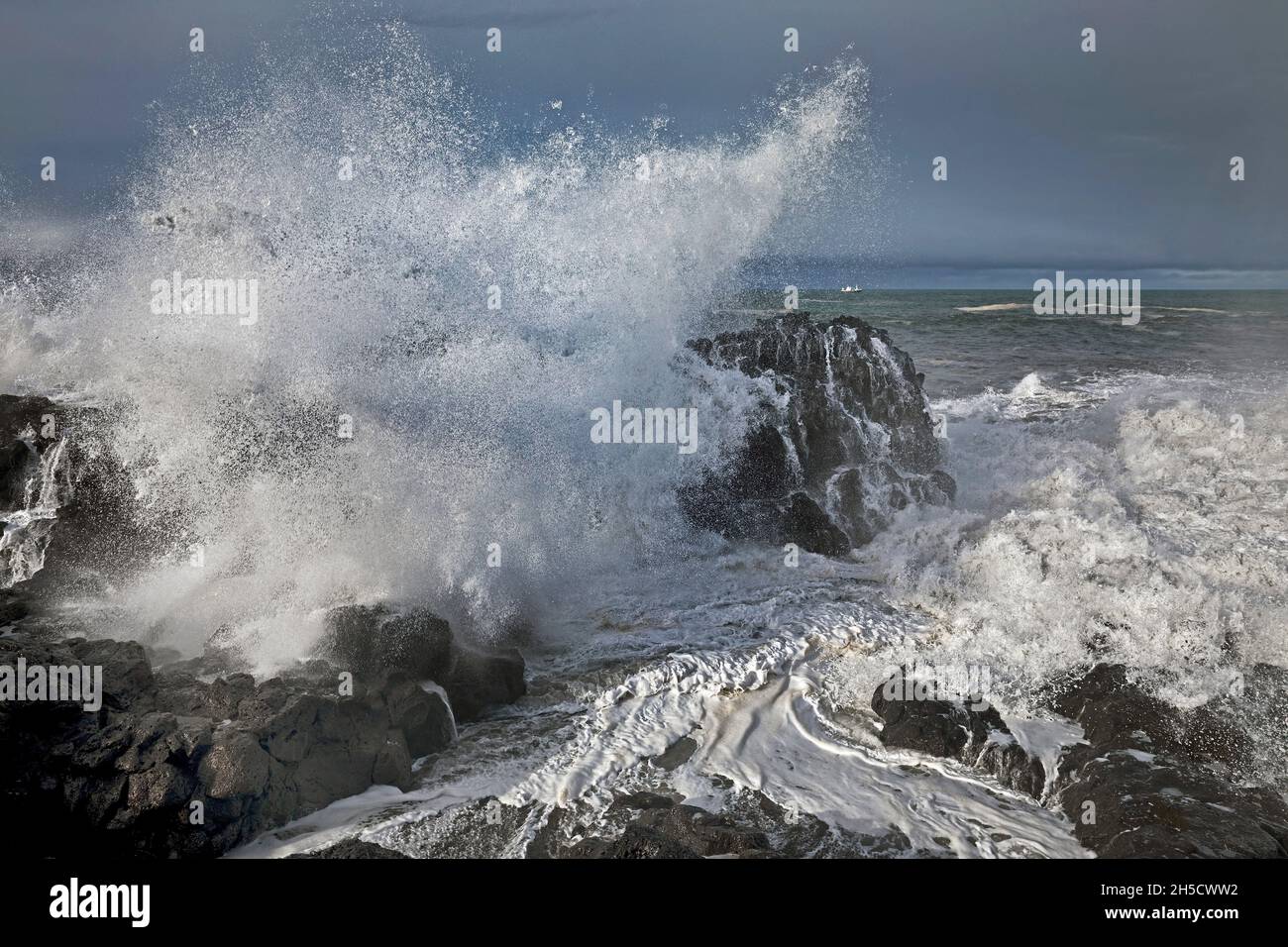 Ruggente surf sulla costa vulcanica , Islanda, Snaefelsnes, Skardsvik Foto Stock