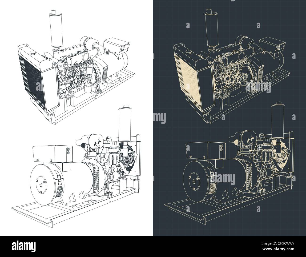 Illustrazione vettoriale stilizzata di progetti di un generatore diesel Illustrazione Vettoriale