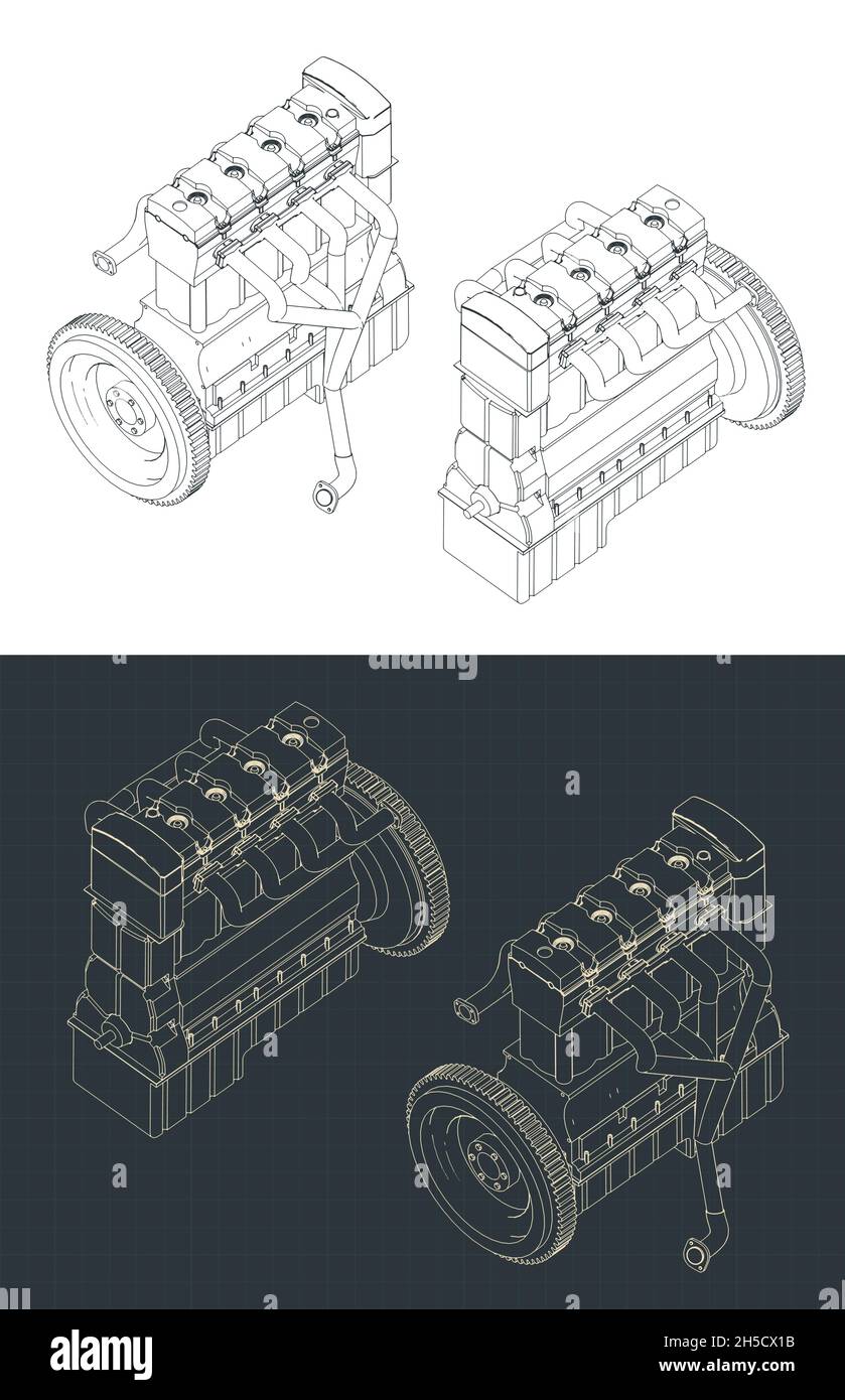 Illustrazione vettoriale stilizzata di progetti isometrici di un motore per auto a quattro tempi Illustrazione Vettoriale