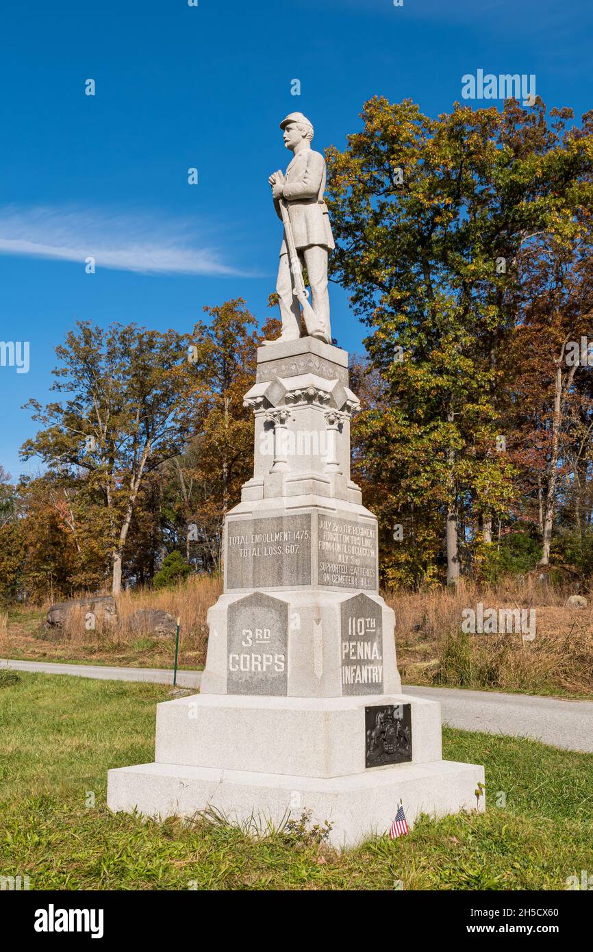 Il 110° reggimento di fanteria del Volontario della Pennsylvania su De Trobriand Avenue presso il Gettysburg National Military Park a Gettysburg, Pennsylvania, USA Foto Stock