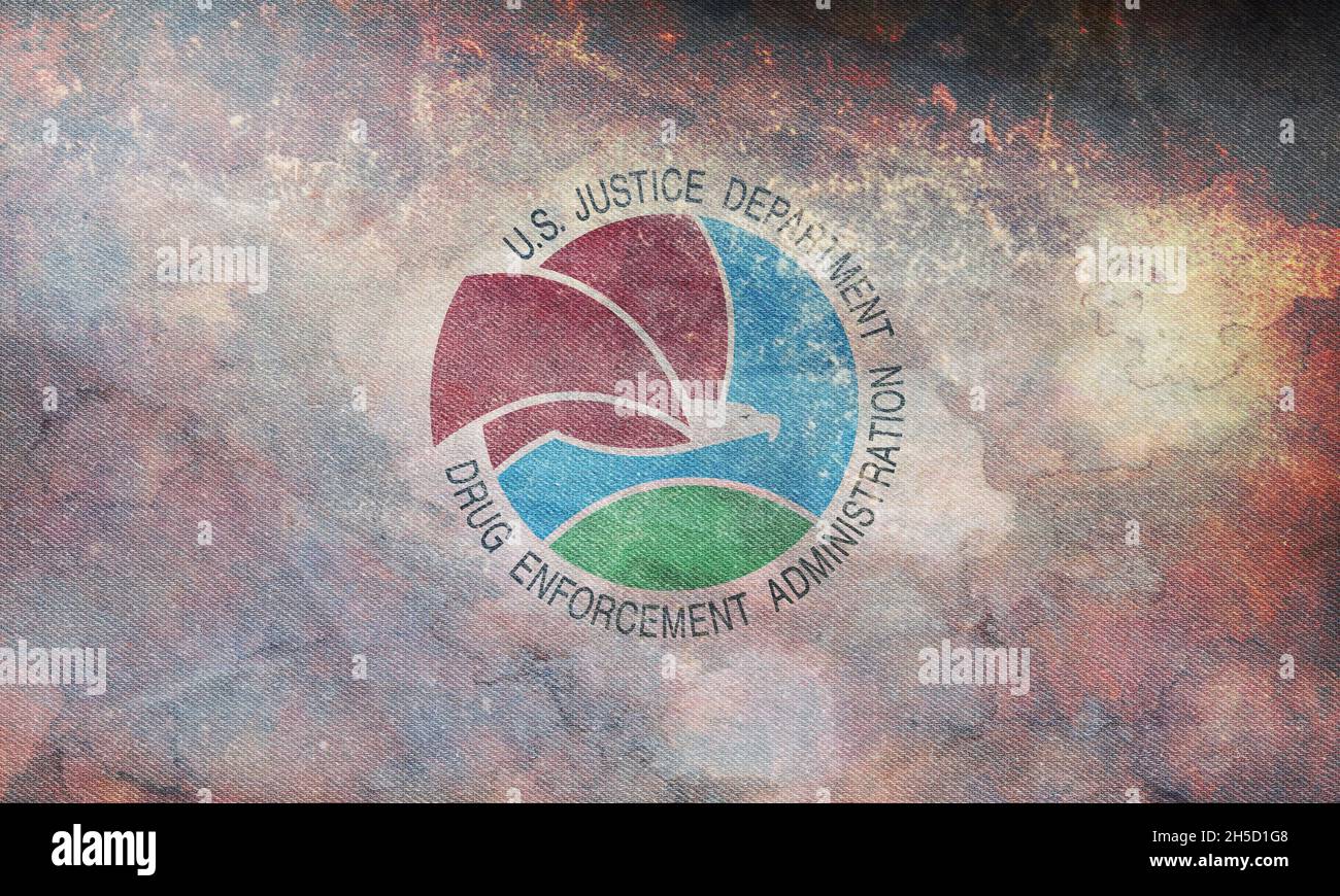 Minsk, Bielorussia - Maggio, 2021: Vista dall'alto della bandiera della Drug Enforcement Administration degli Stati Uniti, senza flagpole. Progettazione di piani, layout. Contrassegna sfondo. Foto Stock