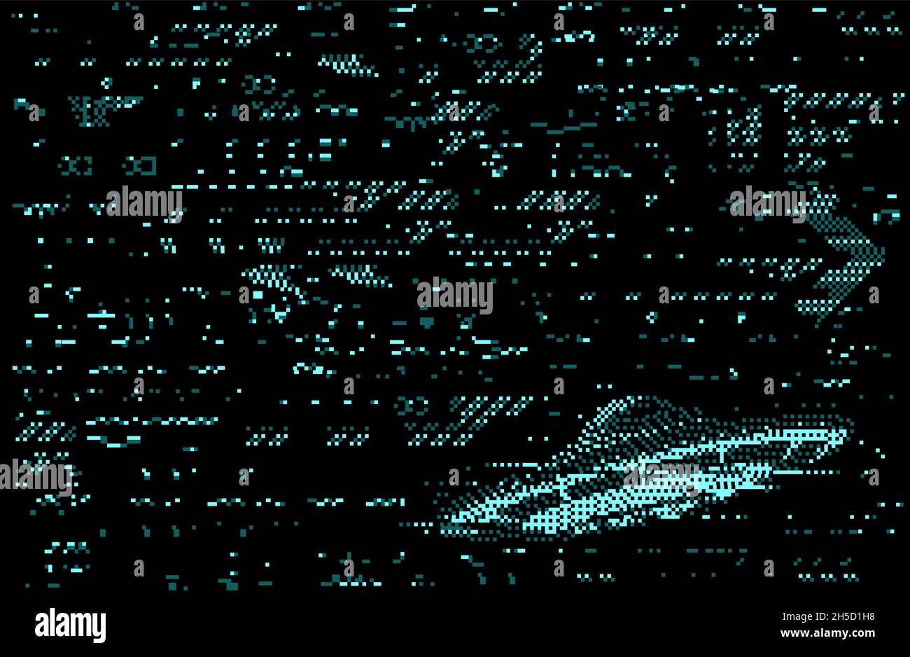 Monitorare la distorsione degli errori di sguagliamento dello schermo con UFO o alieno flying piatter su sfondo astratto di blu neon digitale pixel rumore. Schermo statico TV vettoriale Illustrazione Vettoriale