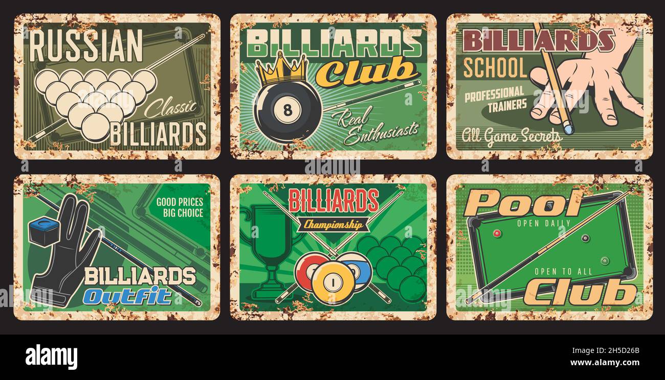 Russo biliardo club, scuola e campionato arrugginito piatto di metallo. Negozio di attrezzature da biliardo banner retrò. Palla con corona, cue sulle dita dei giocatori e. Illustrazione Vettoriale