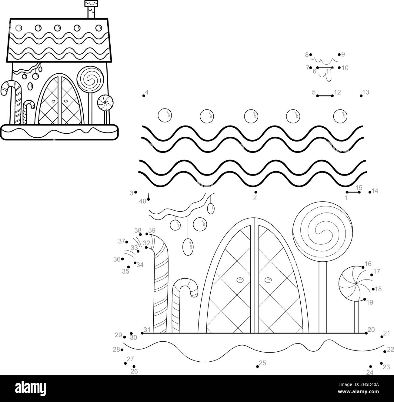 Puzzle di Natale da punto a punto per i bambini. Collegare il gioco dei puntini. Natale Gingerbread casa illustrazione vettoriale Illustrazione Vettoriale