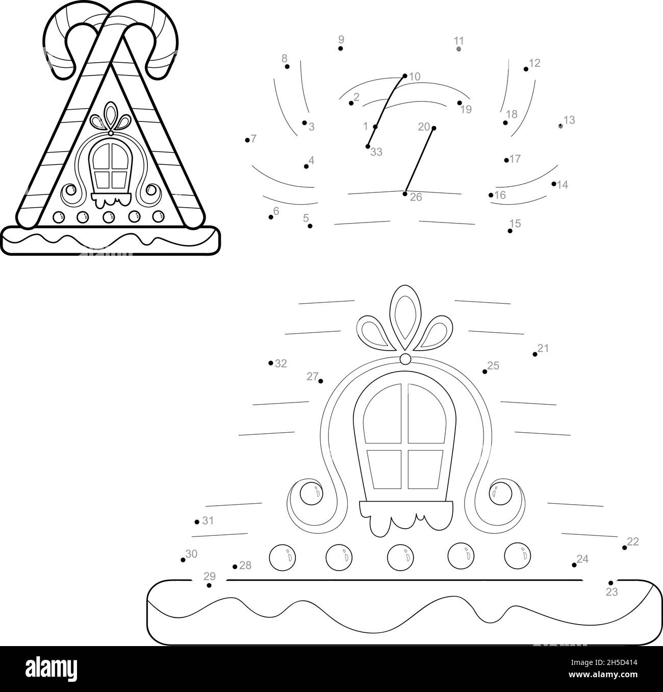 Puzzle di Natale da punto a punto per i bambini. Collegare il gioco dei puntini. Natale Gingerbread casa illustrazione vettoriale Illustrazione Vettoriale