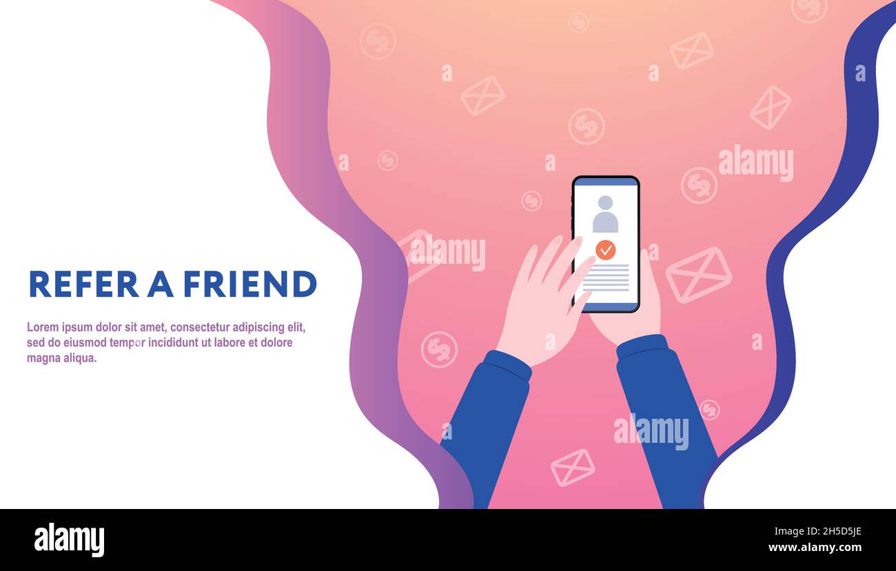 Segnala un concetto amico. Illustrazione vettoriale in design piatto. Marketing sui social media da dispositivi mobili. Modello poster con spazio di copia Illustrazione Vettoriale