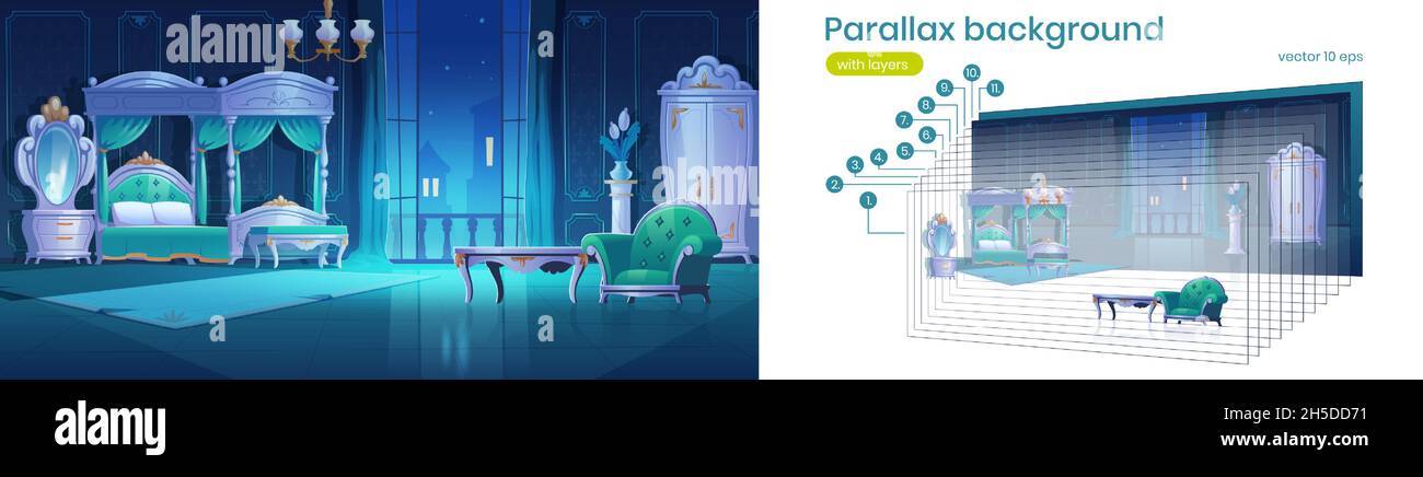 Parallasse sfondo barocco notte camera da letto 2d interno. Camera Vintage con letto di lusso con baldacchino, lampada, guardaroba, specchio, tavolo e poltrona a strati separati, illustrazione vettoriale Cartoon Illustrazione Vettoriale