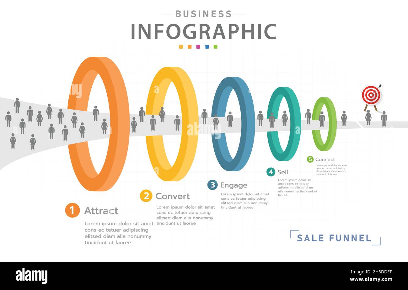 Modello infografico per le aziende. Diagramma a 5 livelli per l'imbuto delle vendite moderne, infografica su presentazione vettoriale. Illustrazione Vettoriale