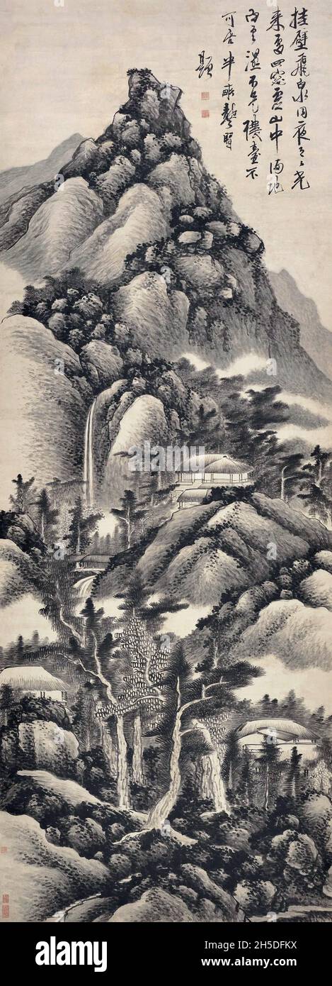 Cina: 'Paesaggio di pring', Gong Xian (1618 - 1689), rotolo appeso, inchiostro su carta. Gong Xian fu un pittore cinese che lavorò durante l'ultimo periodo della Dinastia Ming (1368 - 1644) e dell'inizio della Dinastia Qing (1644 - 1912). Era ferocemente anti-Qing e trascorse gli ultimi anni della sua vita in esilio a Yangzhou. Foto Stock