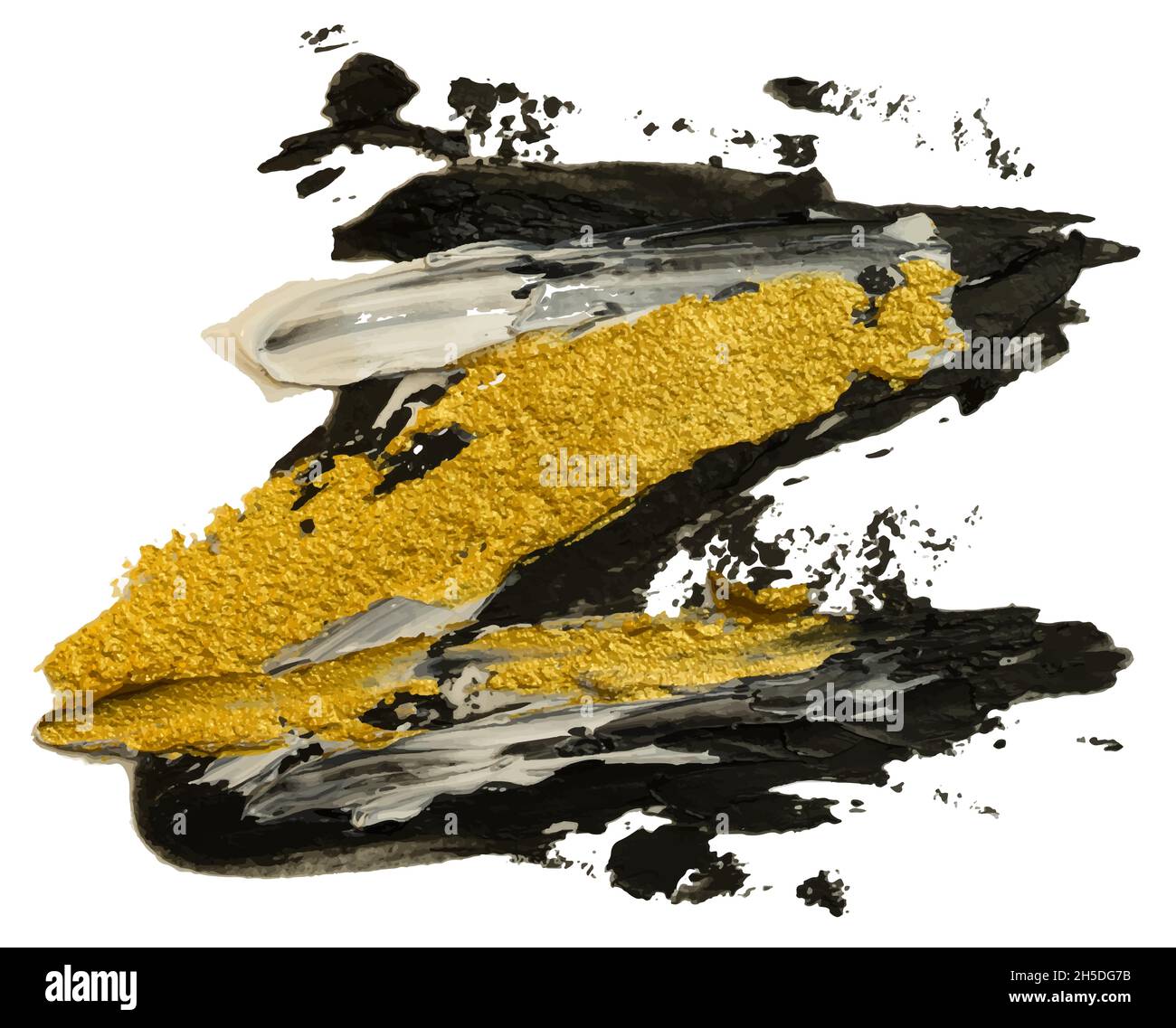 Pennello bianco, oro e nero a zig zag Z forma lettera. Disegno a mano della traccia di spruzzi di vernice astratta. Striscio di vernice ad olio imbutita a mano su wh Illustrazione Vettoriale