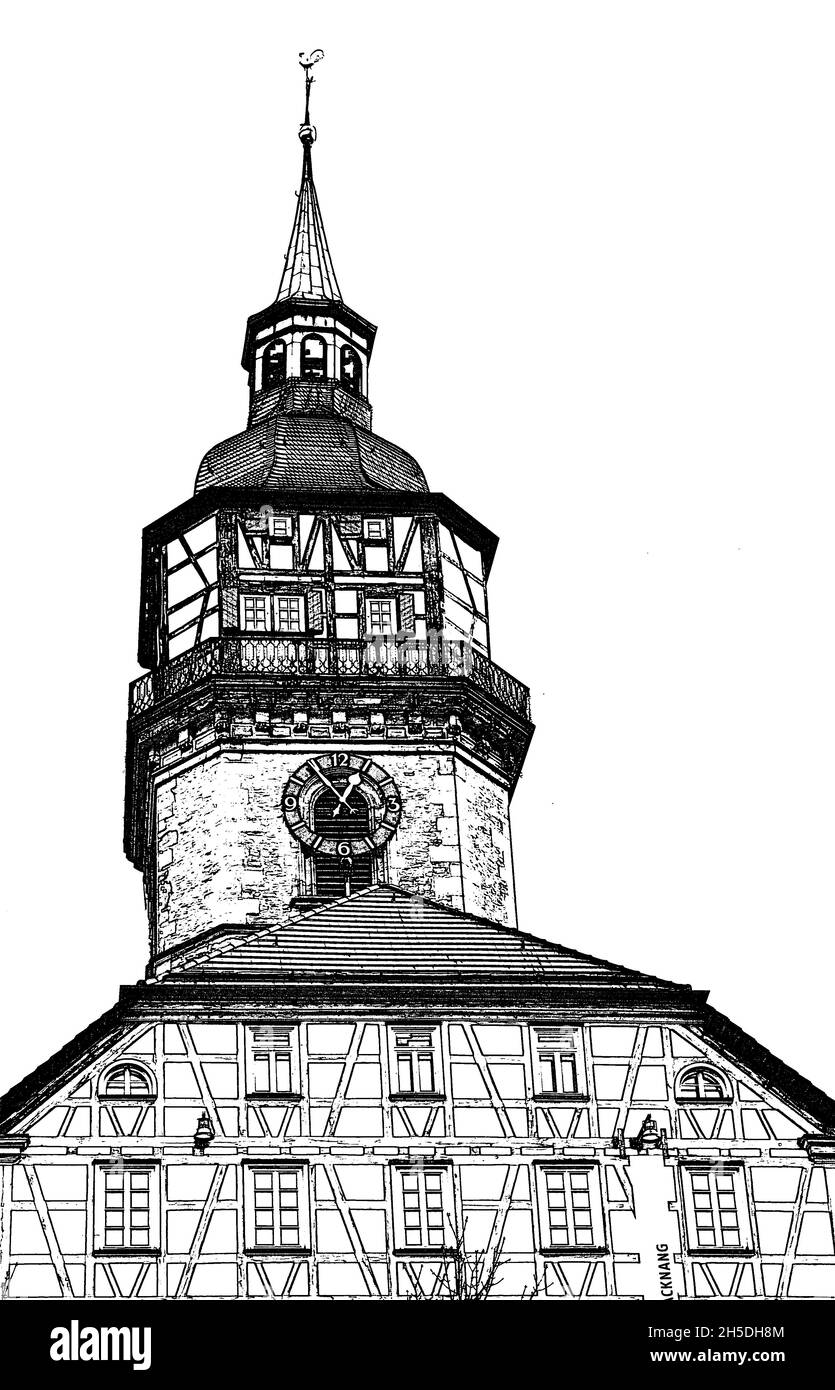 Primo piano della storica torre cittadina di Backnang Foto Stock
