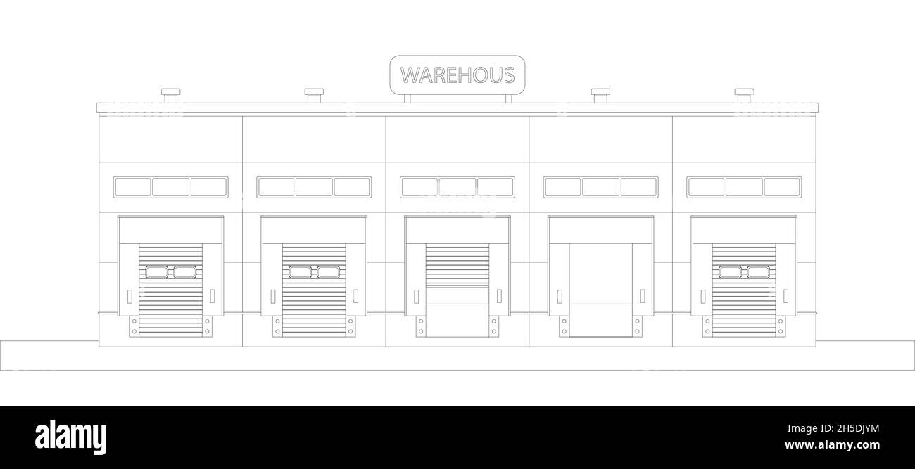 Edificio del magazzino. Architettura industriale. Schizzo. Affitto magazzino. Illustrazione vettoriale piatta. Illustrazione Vettoriale