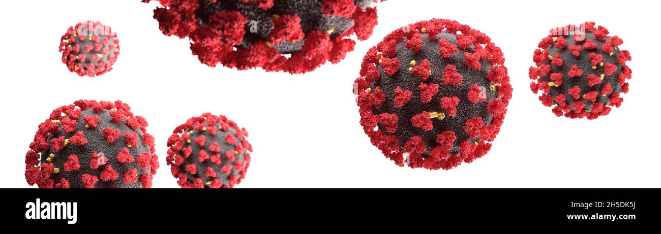 Visualizzazione del virus SARS-COV-2 (COVID19). Illustrazione di un patogeno del coronavirus che galleggia in un ambiente cellulare. Esame microscopico Foto Stock