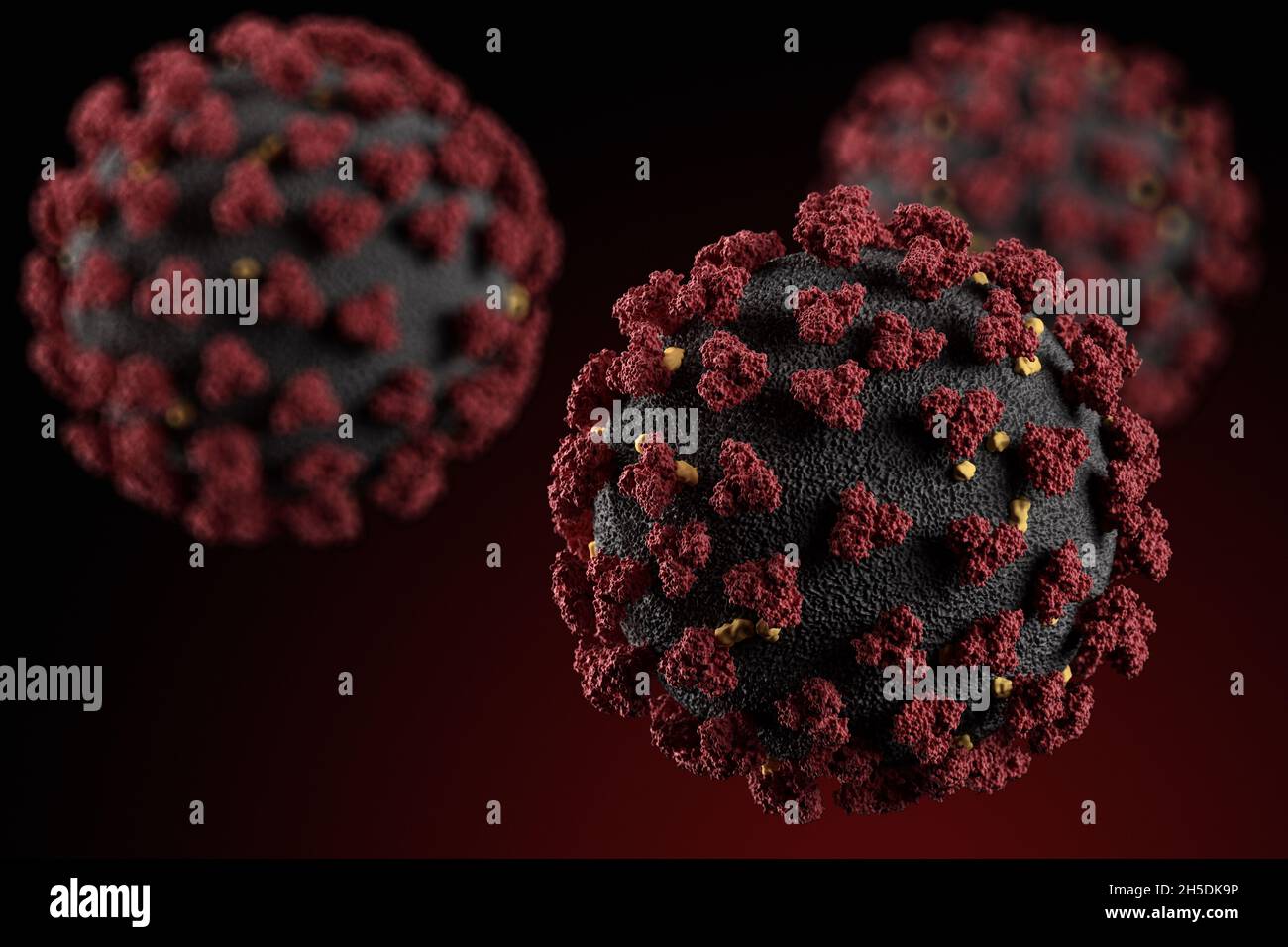 Visualizzazione del virus SARS-COV-2 (COVID19). Illustrazione di un patogeno del coronavirus che galleggia in un ambiente cellulare. Esame microscopico Foto Stock