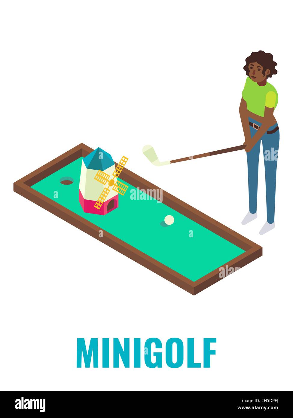 Donna che gioca mini golf gioco arcade, vettore isometrico illustrazione. Attrazioni del club di gioco, attività di divertimento, intrattenimento Illustrazione Vettoriale