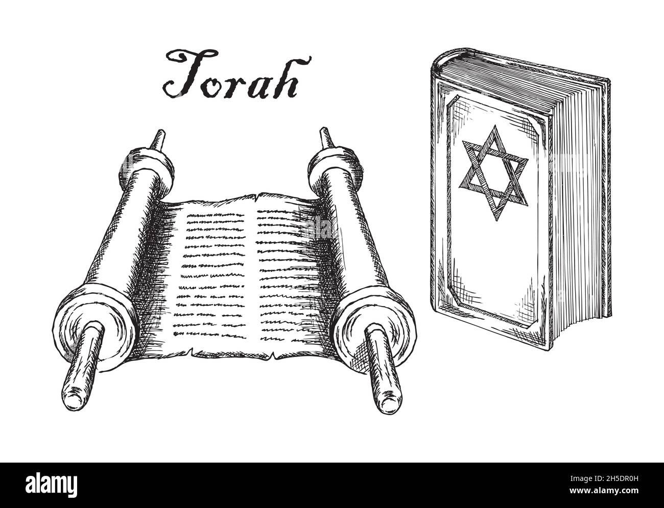 Torah rotolo, religione giudaismo Libro Santo. Testi sacri della Bibbia ebraica antica, Scritture sacre, illustrazione vettoriale di schizzo Illustrazione Vettoriale