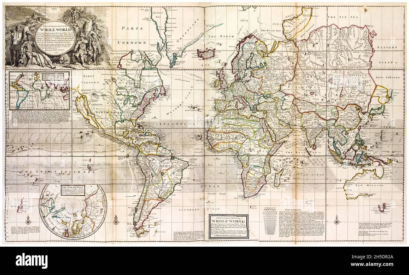 Mappa del mondo d'epoca del XVIII secolo di Herman Moll, circa 1736 Foto Stock