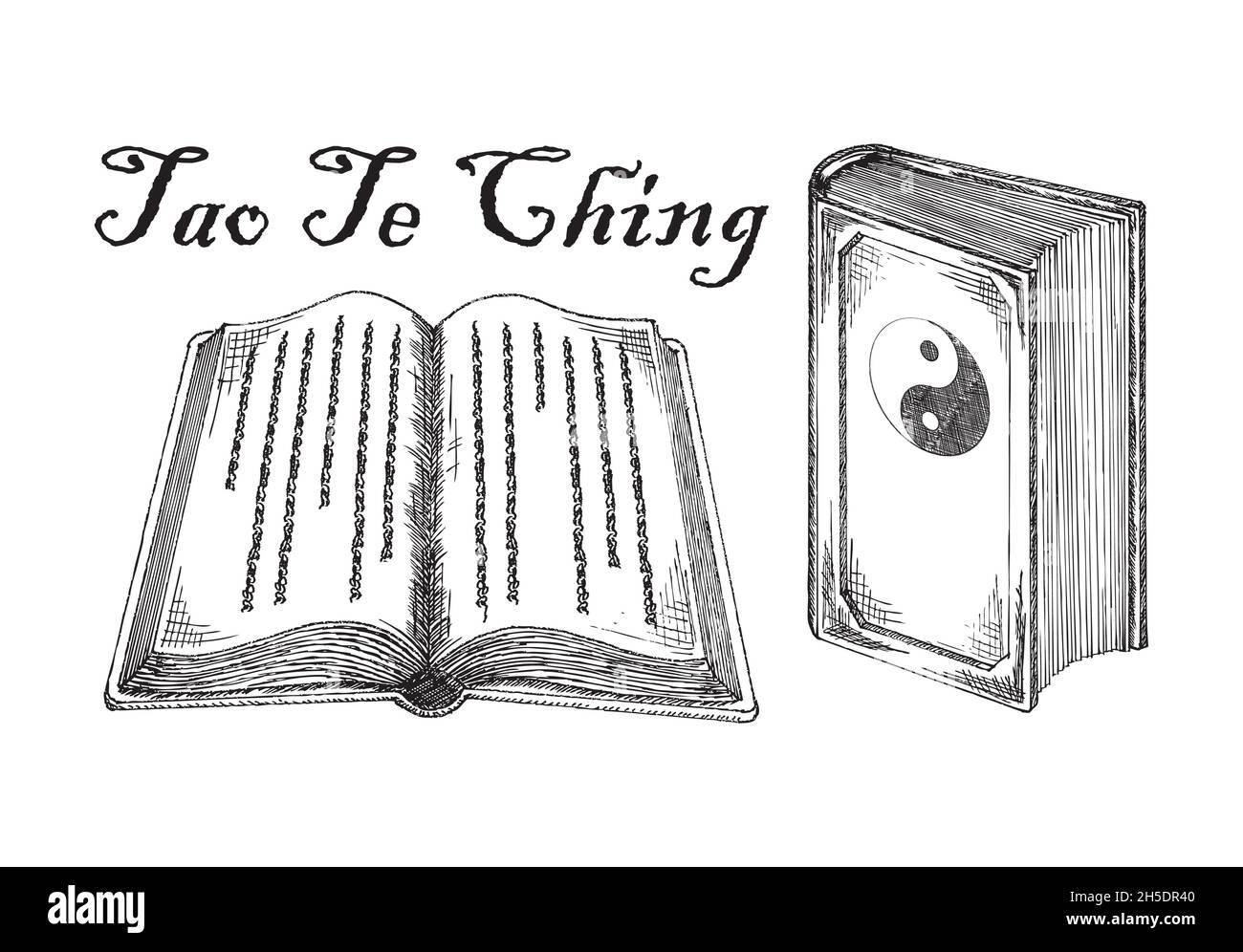 Tao te Ching Taoismo religione Libro Santo. Antichi testi filosofici cinesi, sacre Scritture, disegni vettoriali Illustrazione Vettoriale