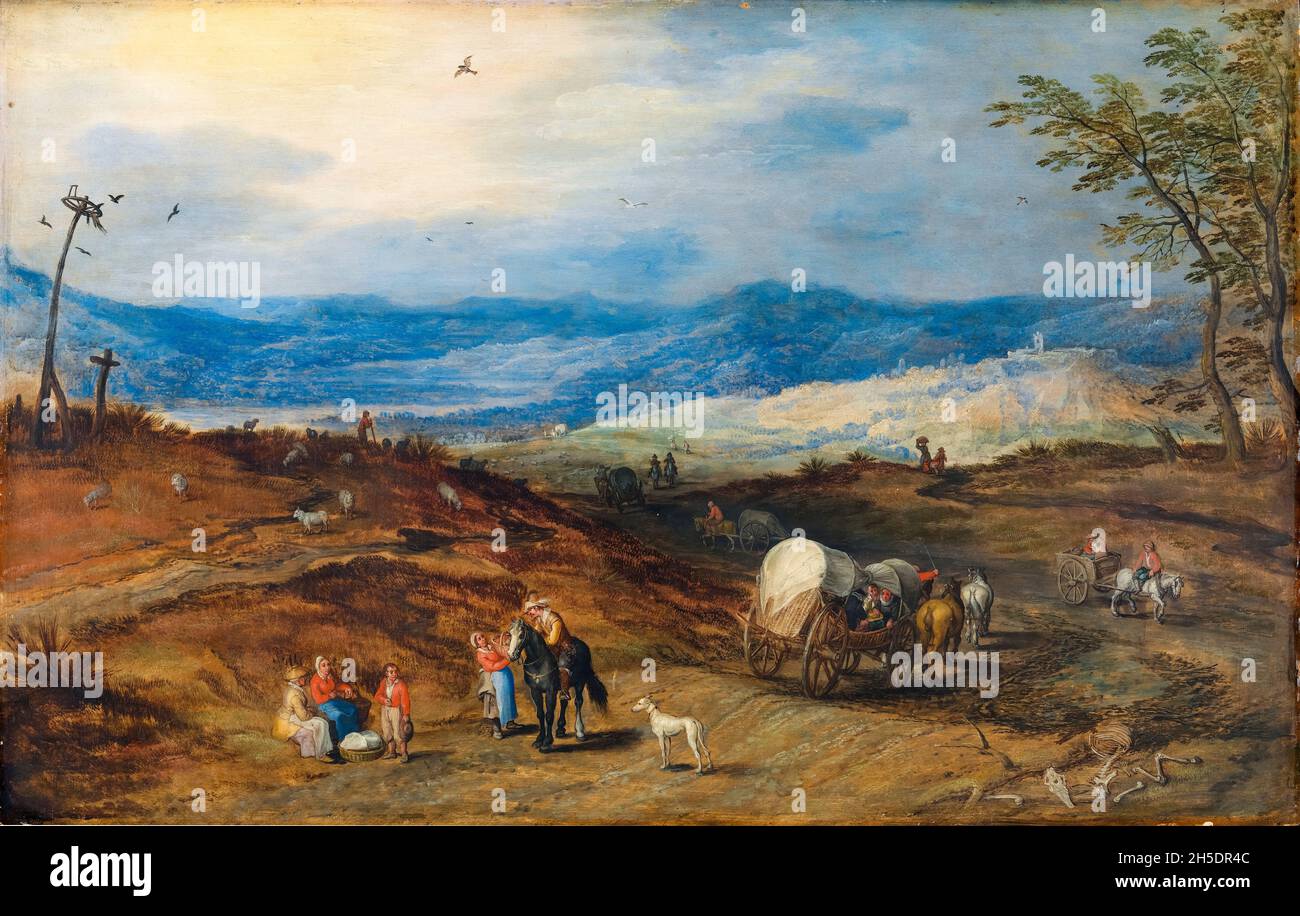 Paesaggio con una strada che porta oltre un luogo di esecuzione, dipinto attribuito a Joos de Momper il giovane e Jan Brueghel il Vecchio, 1617-1621 Foto Stock